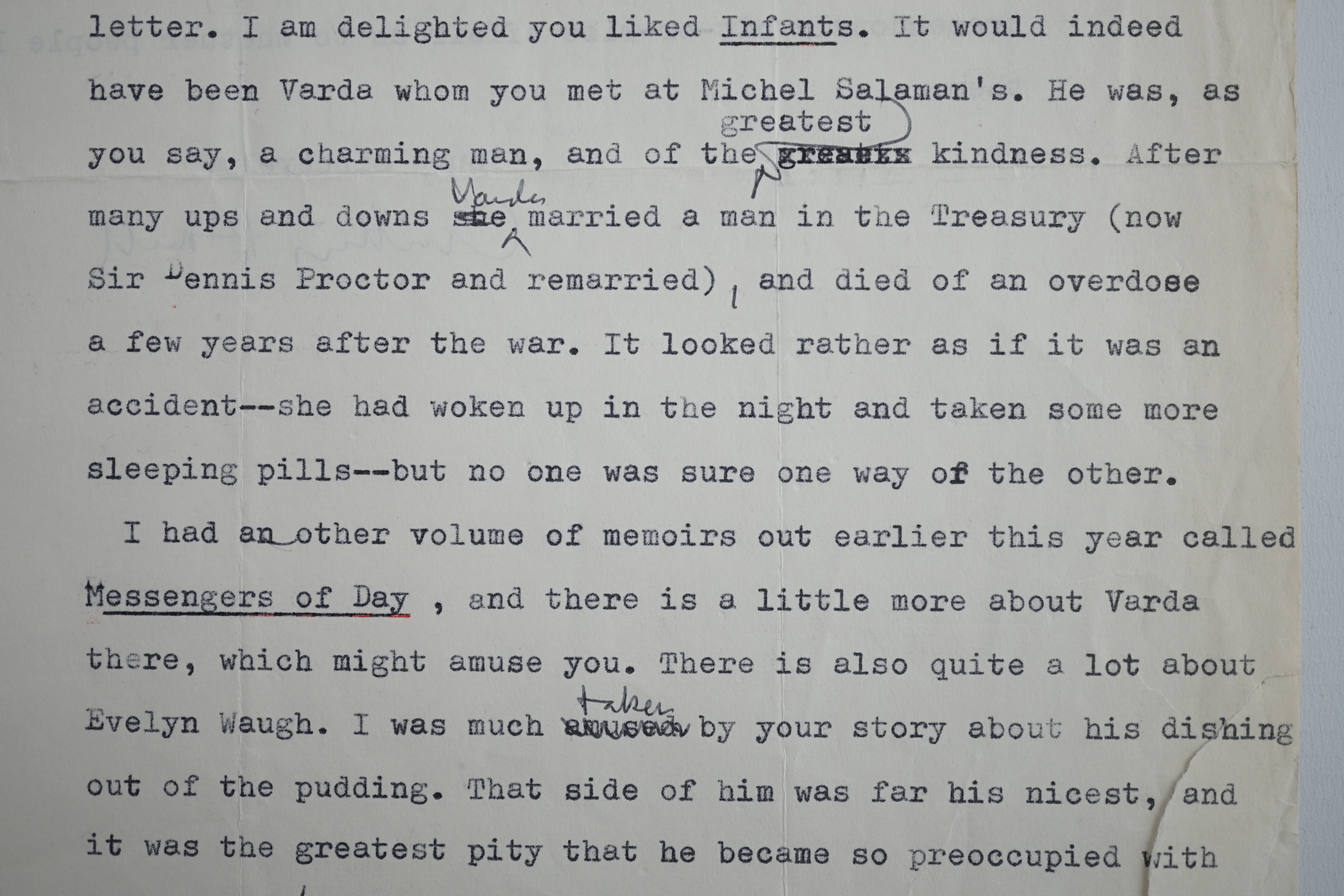 Anthony Powell (1905-2000). Typed letter with handwritten amendments and full signature, to a Mrs Hoyle, 7 December 1978. Discusses Infants of the Spring (1976), Messengers of Day (1978)